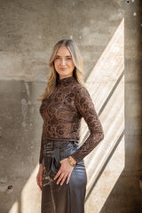 ICNK-Top Friede Mesh Velour Print-Mid Brown