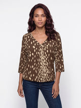 Mi Piace-Travel Top V-Neck Pleated 3/4 Sleeves 202914 Bambi Print-Chestnut