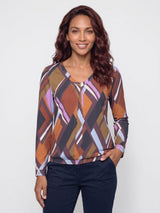 Mi Piace-Travel Top V-Neck Plated Geometric Fusion Print-Multicolor