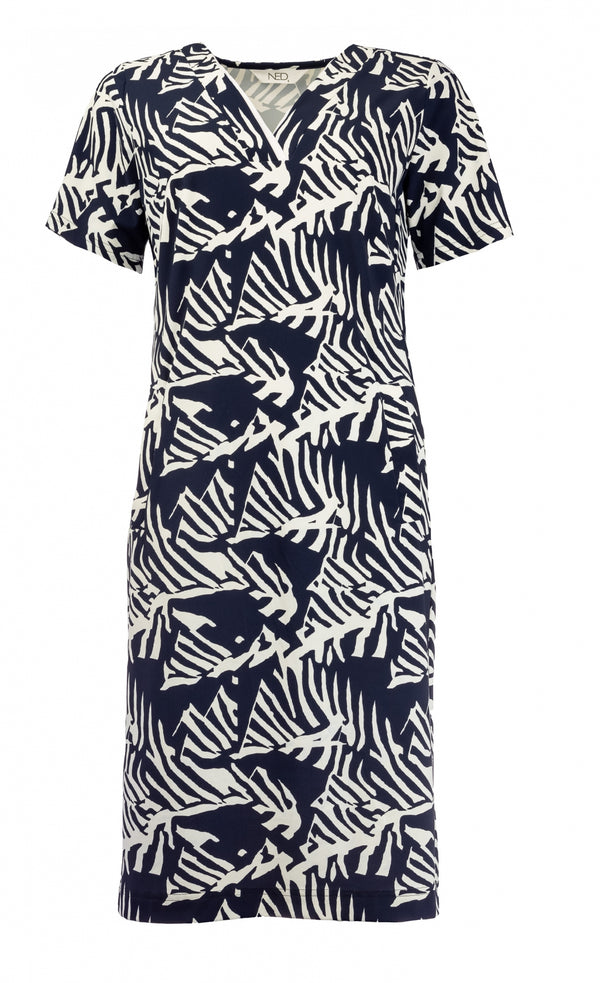 jurk simo van ned met donkerblauwe print