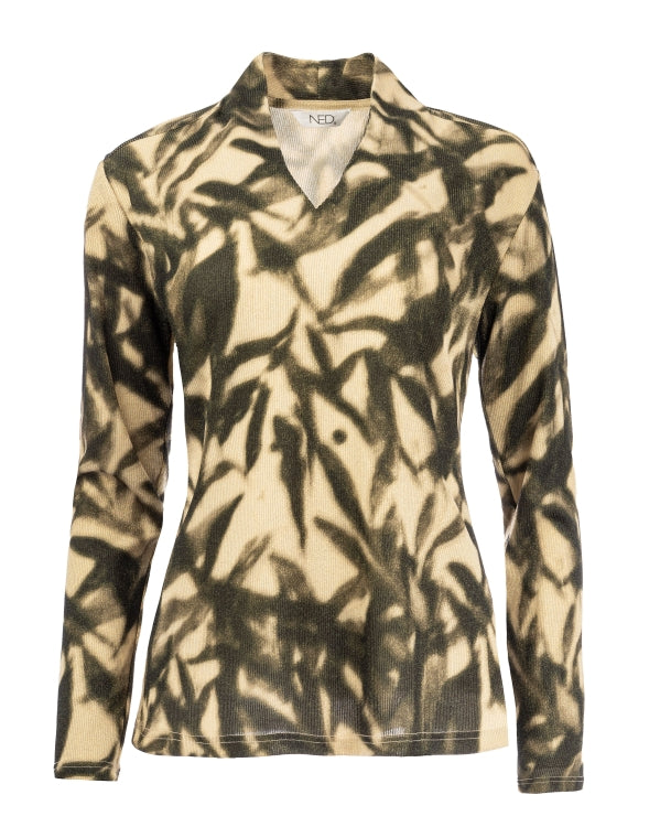 ned top veral ls dusty olive shadow leaves lurex tricot knit