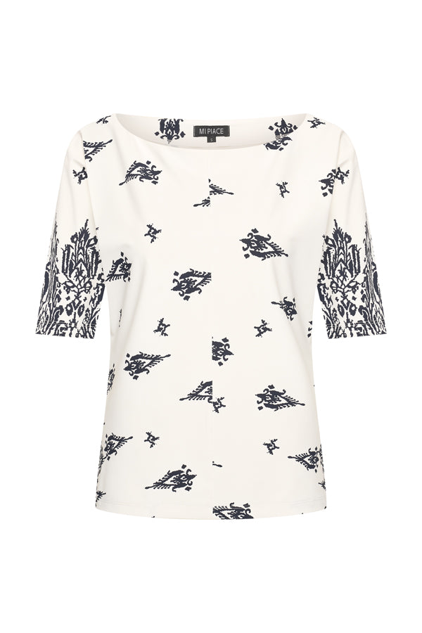 mi piace top boat neck border ornament print 202427 off white/black