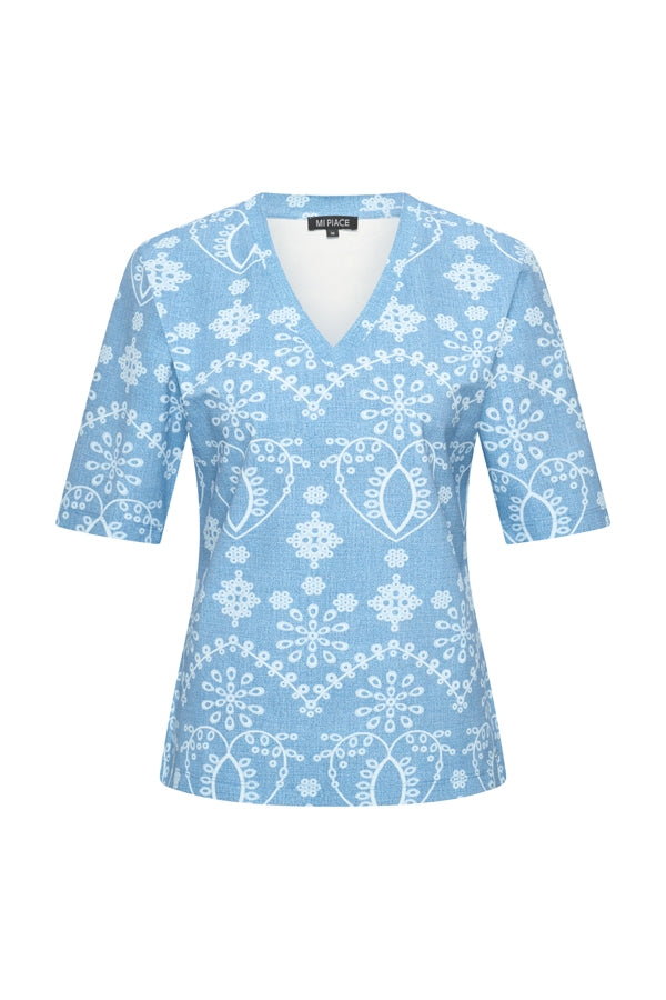 mi piace travel top 202271 bleached denim embroidery print