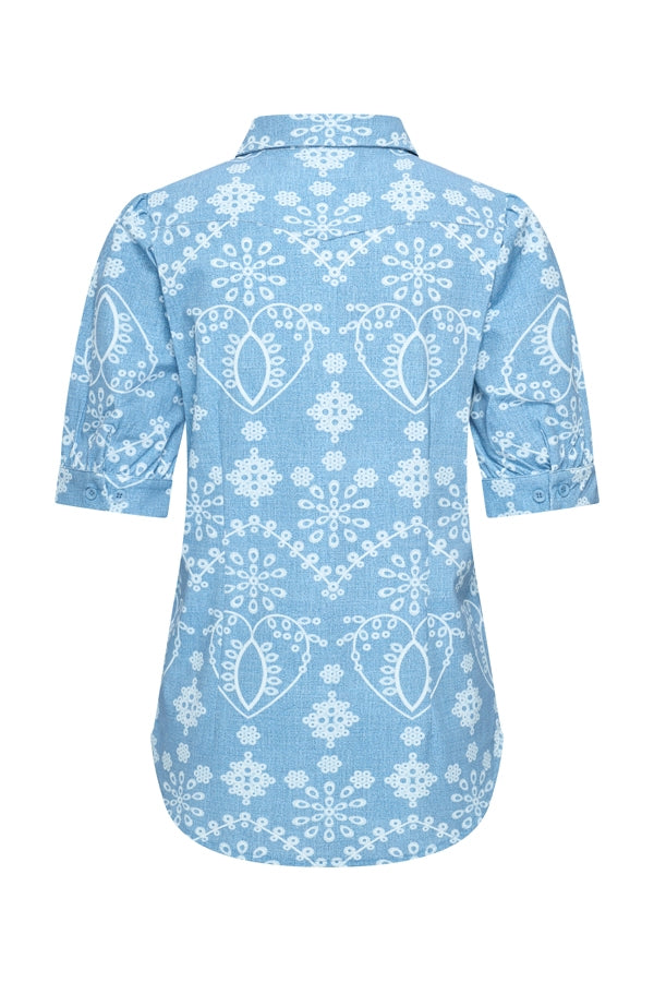 mi piace bleach denim ebroidery print blouse 202270 met pofmouwen