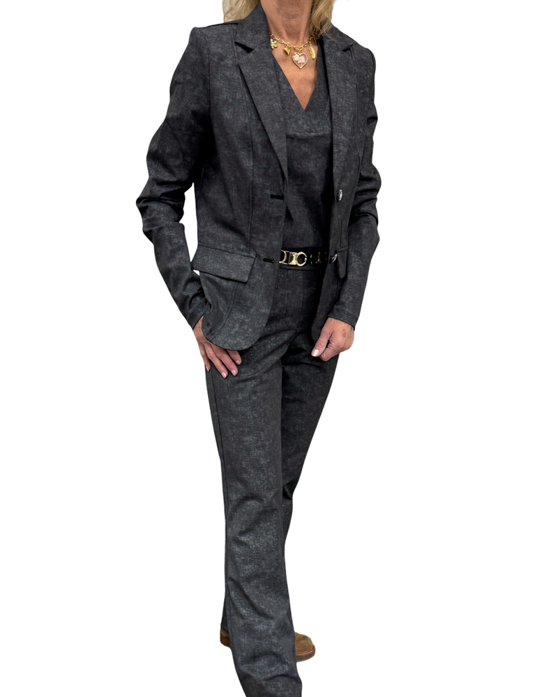 mi piace dikke travel flared broek stone foil print dark grey