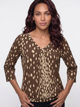 Mi Piace-Travel Top V-Neck Pleated 3/4 Sleeves 202914 Bambi Print-Chestnut