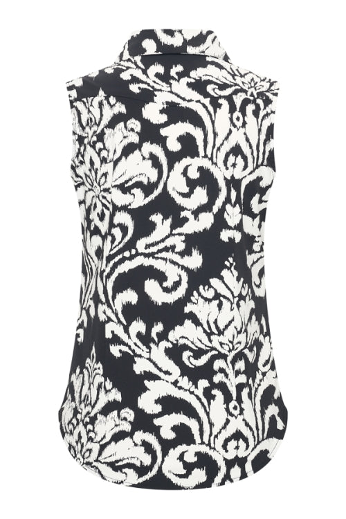 mi piace mouwloze blouse ornament print zwart/offwhite